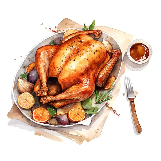 hand drawn watercolor illustration of roasted chicken with spices and vegetables.